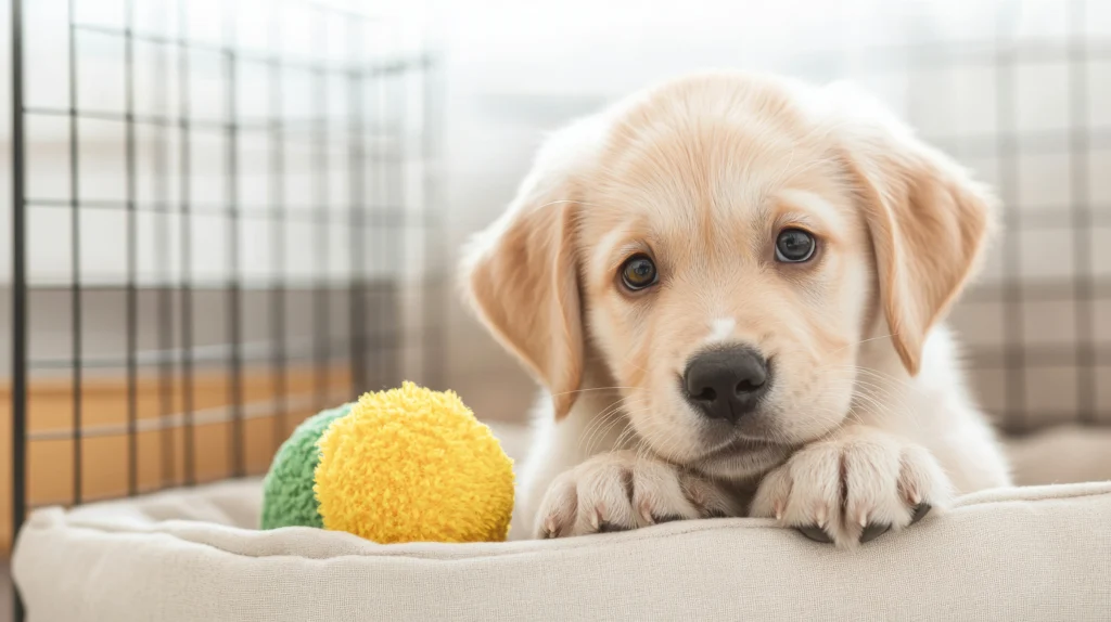 A golden Labrador Retriever puppy with a soft chew toy rests in a cozy crate, looking directly at the viewer.