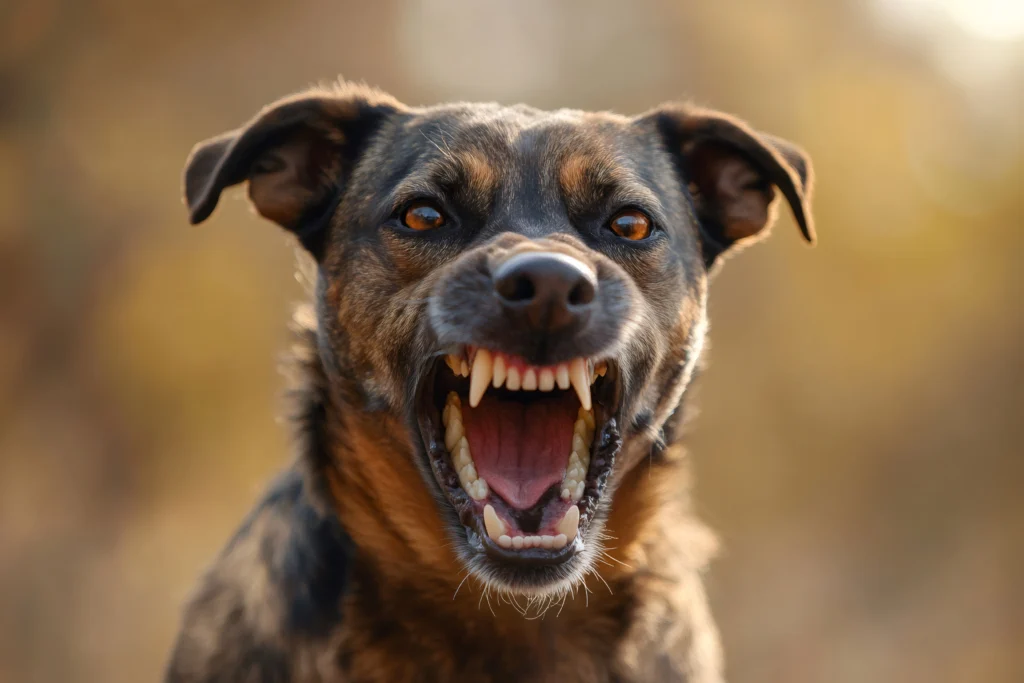 An aggressive brindle dog, possibly a mixed breed or Catahoula Leopard Dog, with bared teeth and an open mouth, appearing to snarl or growl, captured outdoors with a blurred background.