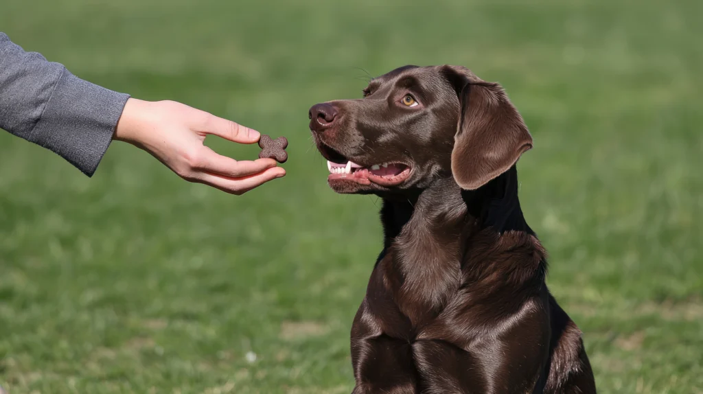 A brown Labrador Retriever about to enjoy a treat in a Nashville field, during an Off Leash k9 training