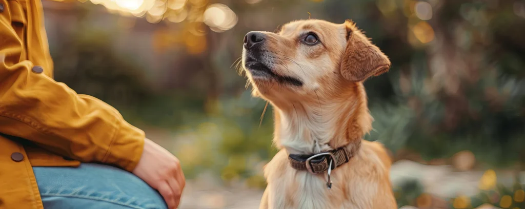 A person kneeling next to a golden-brown dog wearing a collar, looking up attentively, with a blurred outdoor background, suggesting an off-leash training or bonding moment.