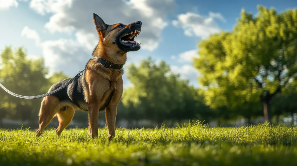 A German Shepherd dog on a leash, snarling aggressively in a grassy park with trees and a bright sky in the background, representing a K9 training scenario or a reactive dog.