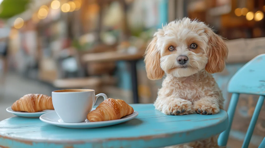 A cute Cavapoo or Maltipoo sits attentively at an outdoor cafe table with coffee and croissants, showcasing a well-behaved dog in a social setting, ideal for Nashville Off-Leash K9 Training marketing.