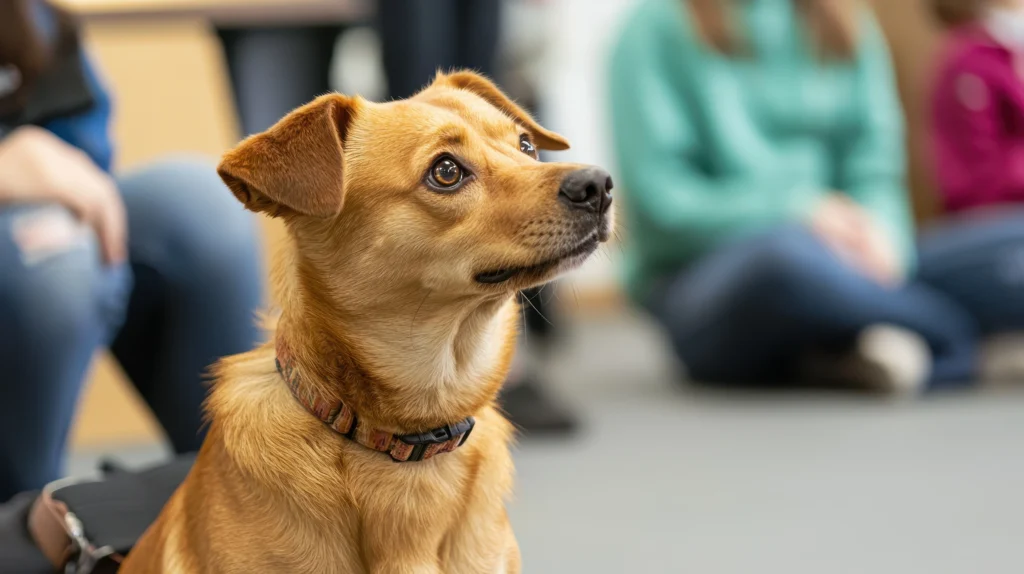 A focused, medium-sized brown dog with a patterned collar looking intently upwards, likely during an off-leash training session with Nashville-Off Leash K9 Training.