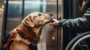 A service dog, likely a Labrador Retriever, wearing a harness, assists a person in a wheelchair by pressing an elevator button with its nose or paw.