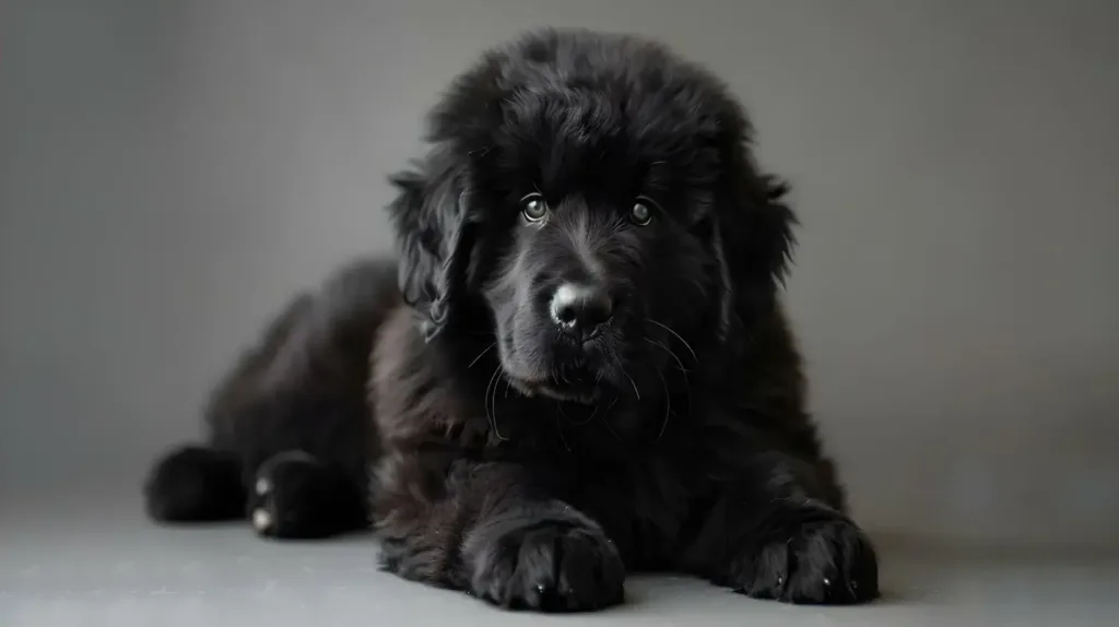 A fluffy black Newfoundland puppy lies on a gray floor, looking directly at the camera.