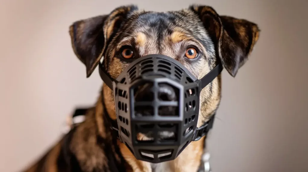 A close-up portrait of a German Shepherd or mixed-breed dog wearing a black basket muzzle. The dog looks directly at the camera with focused, amber eyes.