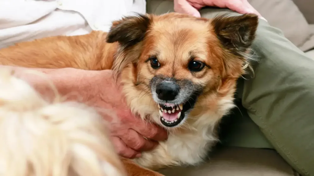 A small dog baring its teeth and growling, held by a person, illustrating aggressive or fearful behavior that can be addressed with professional training.
