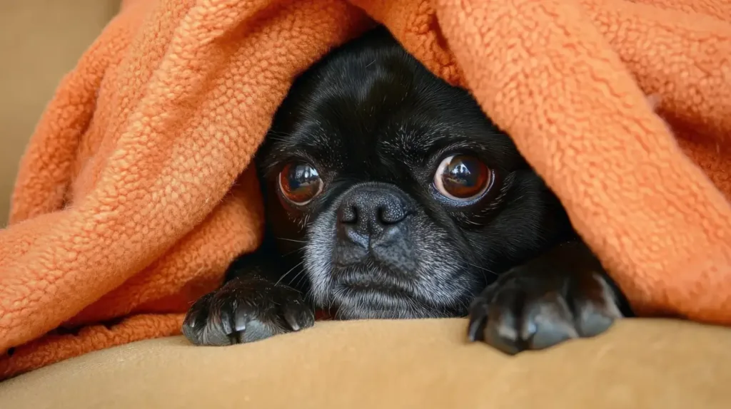 A close-up of a black pug dog with big eyes peeking out from under a soft orange blanket.