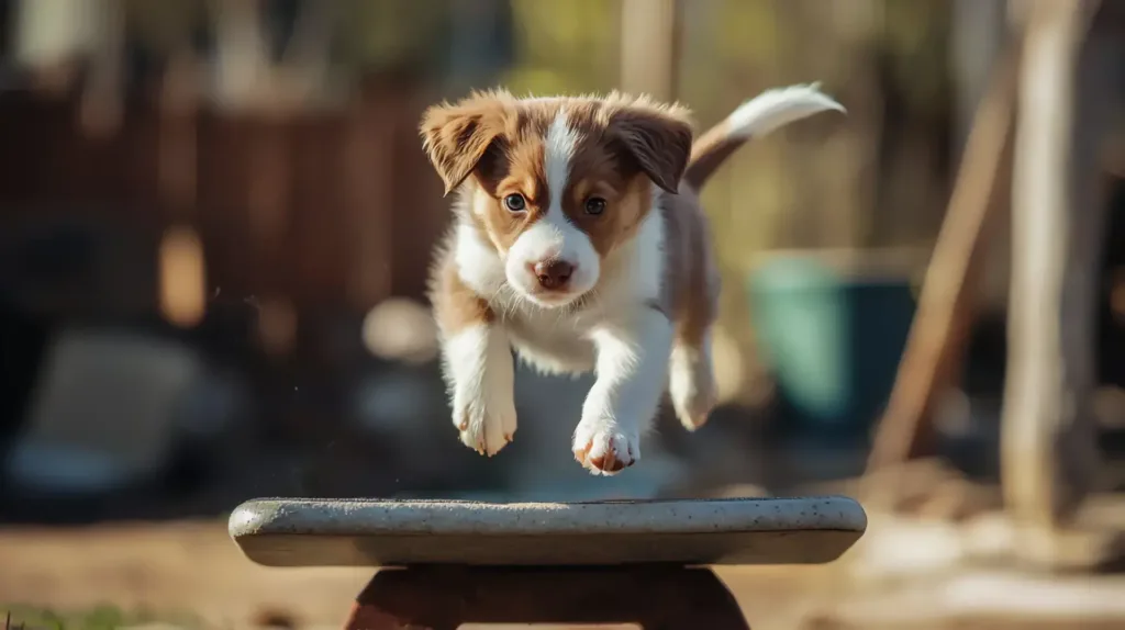 A brown and white puppy, possibly a Border Collie or Australian Shepherd, leaps gracefully over a low obstacle during training, with a blurred outdoor background.