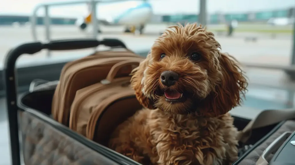 A happy brown Cavapoo or Poodle mix dog sits in a suitcase at an airport terminal, with an airplane visible in the background. The dog is ready for travel after completing professional training.