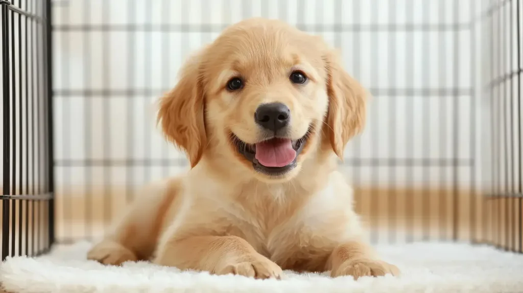 A happy golden retriever puppy lies on a white mat inside a wire crate, looking at the camera.