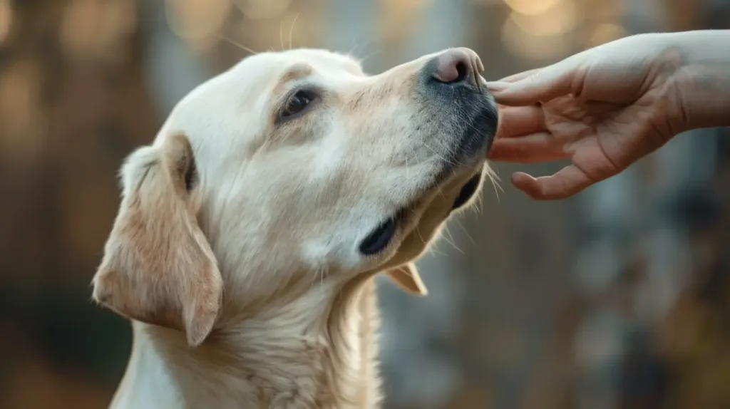 A close-up shot of a human hand gently touching the nose of a light-colored Labrador Retriever dog. The dog is looking up at the hand, symbolizing a trusting and positive bond between the dog and its owner during training.