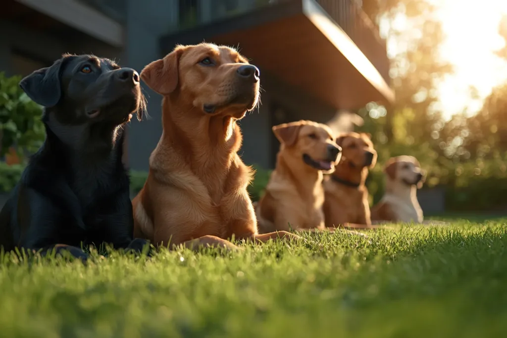 Five Labrador Retrievers of varying colors lying side-by-side on green grass, all looking attentively in the same direction. The dogs are backlit by warm, setting sun.