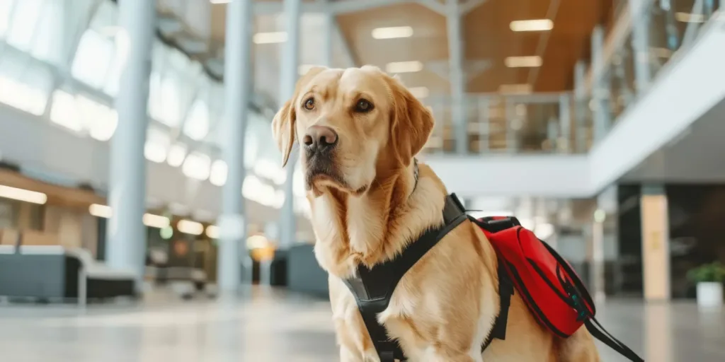 A young therapy dog prospect sits attentively, making eye contact with its trainer, demonstrating focus during early obedience work.